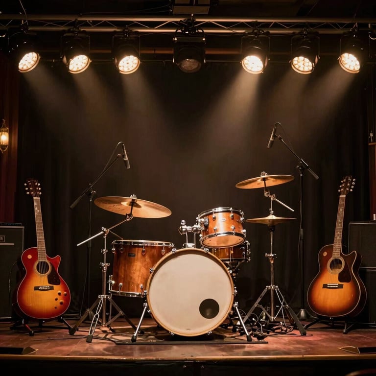 Interior view of the replica Cavern Club stage at Paseo La Plaza, featuring vintage drums and guitars under warm, nostalgic stage lights.