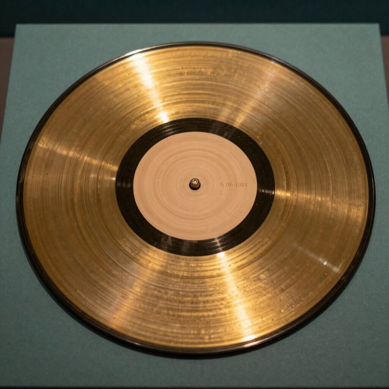 Macro photography of a rare collectible item, like a gold record, reflecting soft museum lights in a palette of gold and muted teal.