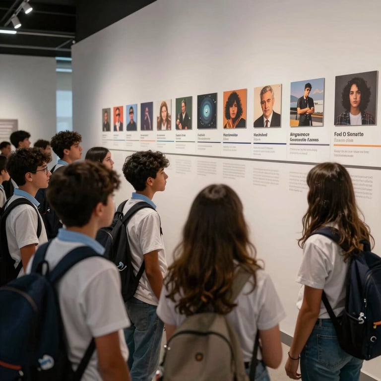 Argentine secondary school students looking at an interactive timeline of music history in a modern museum wing, educational and engaging atmosphere.