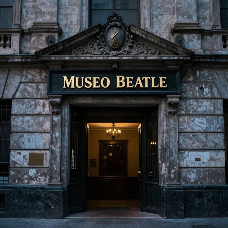 An atmospheric shot of the entrance to the Museo Beatle at dusk in Buenos Aires, with elegant signage and a sense of historic mystery.