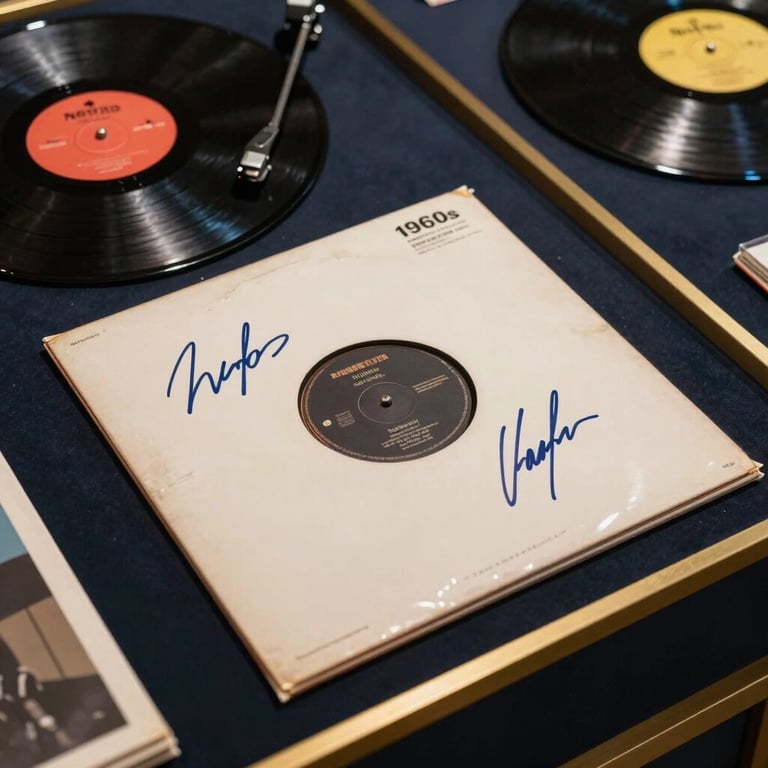 Close-up of rare 1960s vinyl records and memorabilia signed by the band members, presented in a premium dark navy display with gold accents.