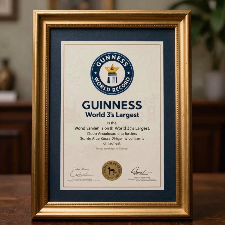 A focused shot of the official Guinness World Record certificate in its gold frame, recognizing the collection as the world's largest, in a South American setting.