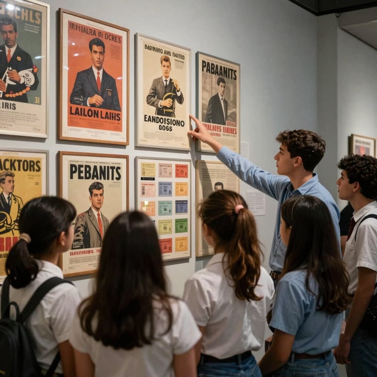 A museum guide in Buenos Aires showing a group of students a rare collection of posters and ticket stubs from the 1960s.