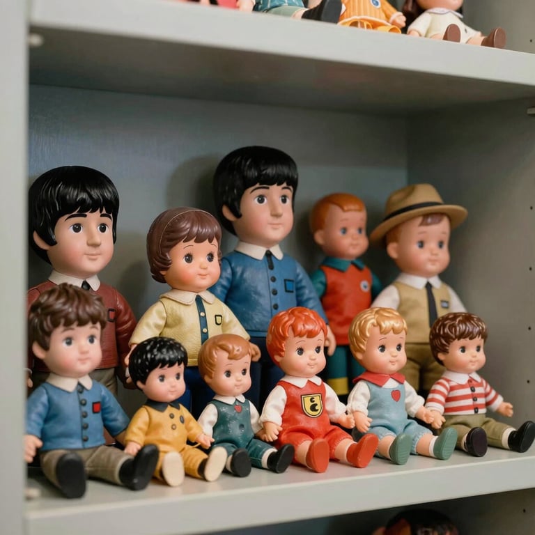 A collection of vintage Beatles toys and dolls from the 1960s, neatly curated on a light gray museum shelf, nostalgic and reverent style.