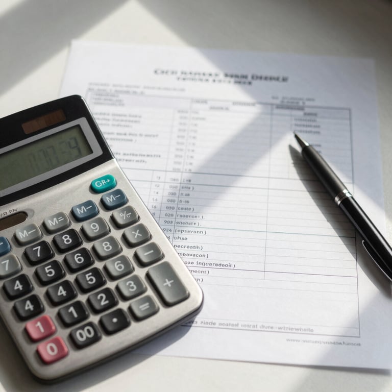 Tight overhead view of a calculator and printed investment statement on a clean desk, natural north-facing daylight casting soft shadows on the numbers, pen resting beside the calculator