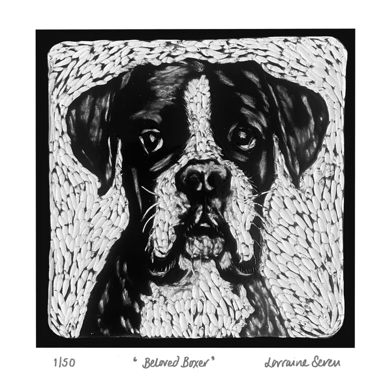 Limited edition giclee print of a clay tile featuring a Boxer dog