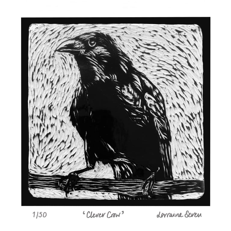 Limited edition giclee print of a clay tile featuring a crow