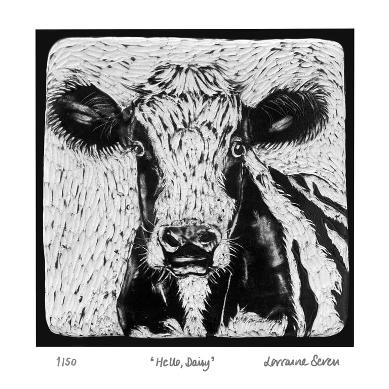 Limited edition giclee print of a clay tile featuring a cow