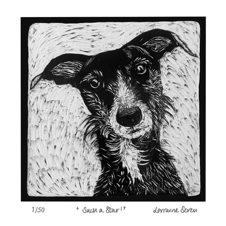 Limited edition giclee print of a clay tile featuring a lurcher