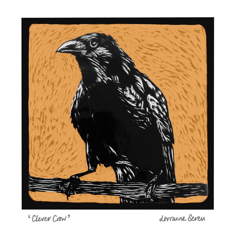 Open edition coloured giclee print of a clay tile featuring a crow