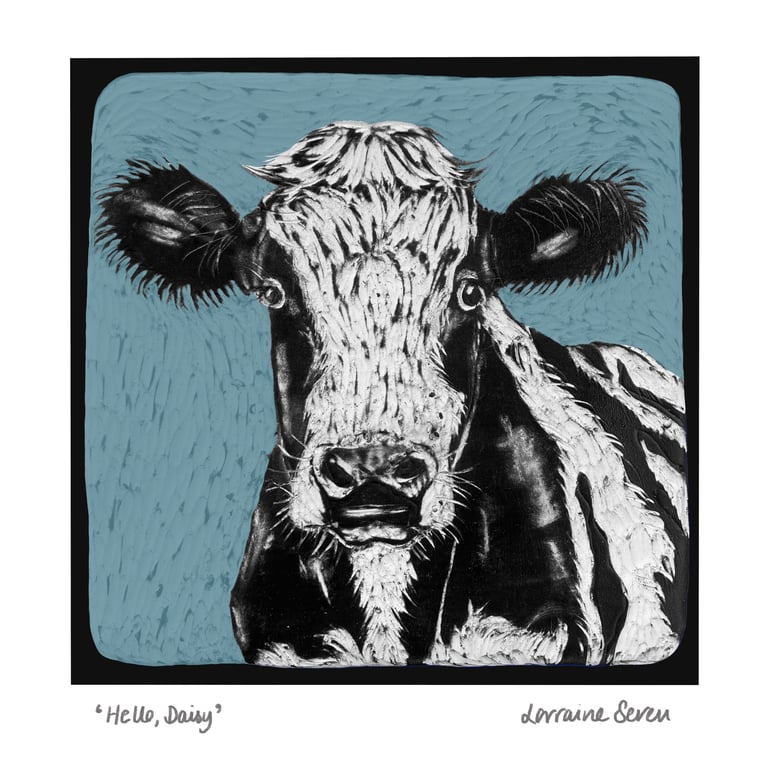 Open edition coloured giclee print of a clay tile featuring a cow