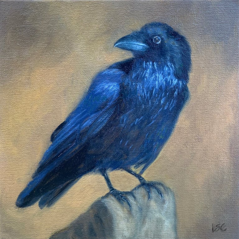 An original oil painting of a crow perching on a piece of wood