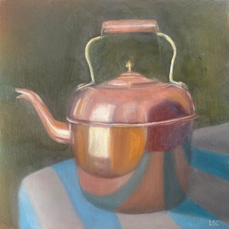 An original oil painting of a vintage copper kettle on a stripy blue & white tablecloth