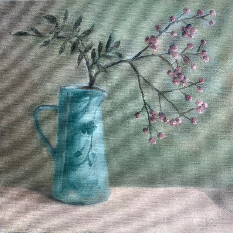 An original oil painting of a cut branch of Rowan in a large blue jug