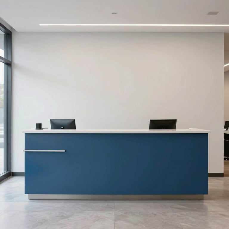 An interior shot of a minimalist reception area with a professional atmosphere and a clean blue and off-white design.