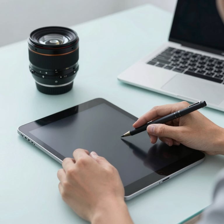 Detailed shot of a person's hands using a tablet and a laptop in a clean, professional workspace with light blue lighting.