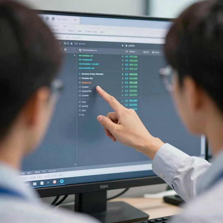 A team member pointing at a screen showing data, emphasizing the analytical and efficient approach of the company.