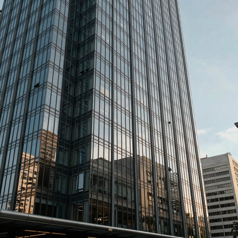 The modern glass facade of a corporate building in a major Brazilian city during a clear day.