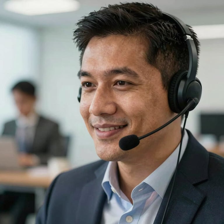 A focused close-up of a professional in a South American office using a headset, smiling slightly, representing friendly and efficient tele-service.