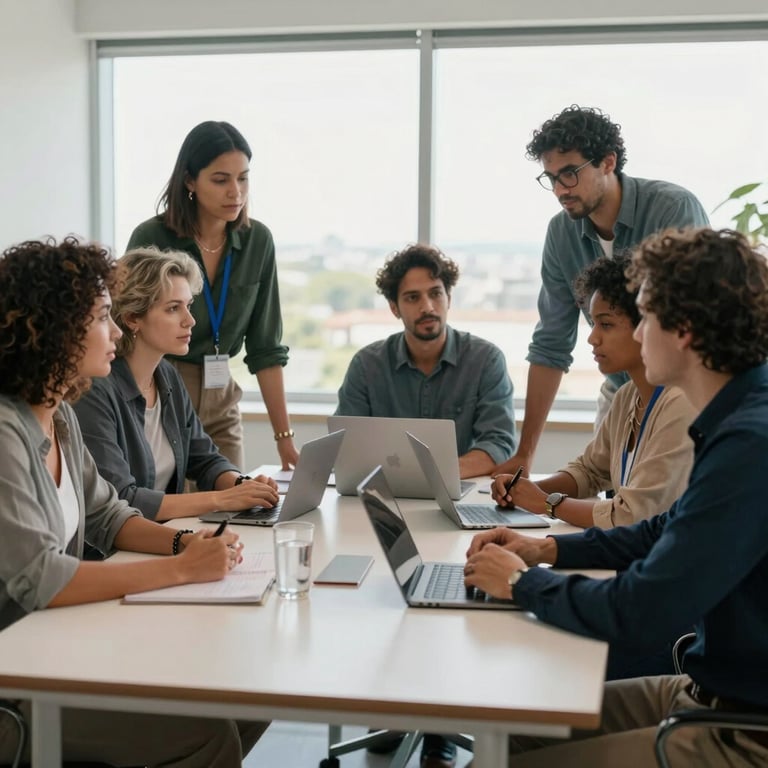 A group of diverse professionals in a bright Brazilian office collaborating around a modern meeting table.