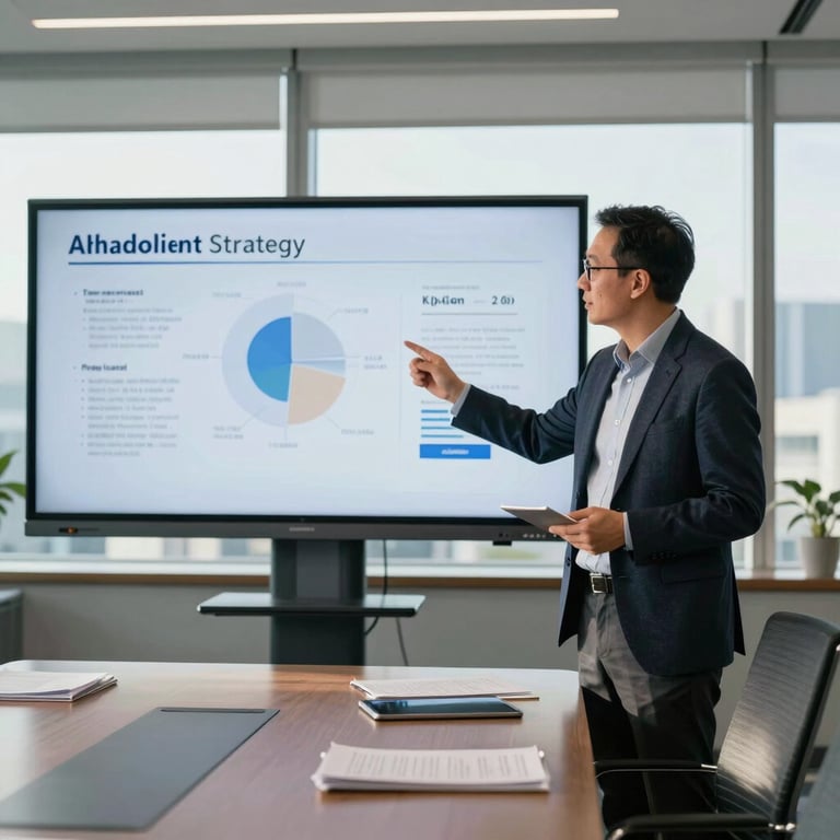 A professional consultant presenting a digital strategy on a large screen in a modern, sunlit North American boardroom.