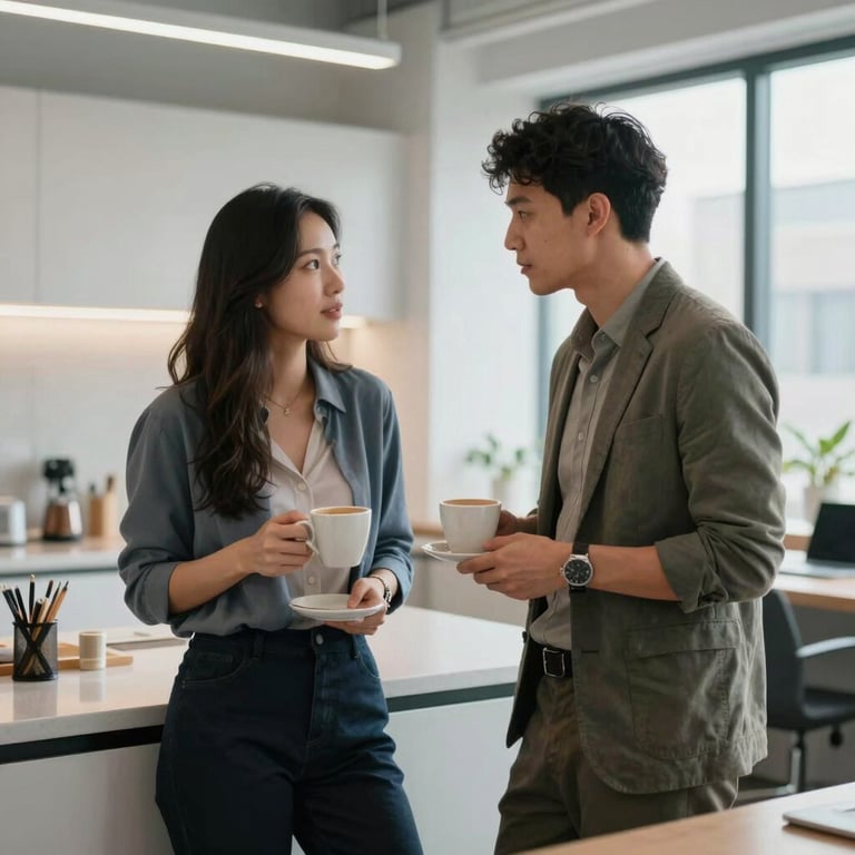 A bright urban office kitchen where two tech professionals in modern attire are discussing strategy over coffee.