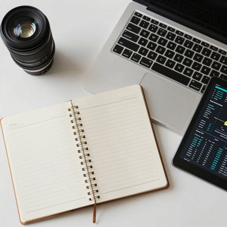 A top-down shot of a clean workspace featuring a laptop, an organized notebook, and a tablet showing data charts.