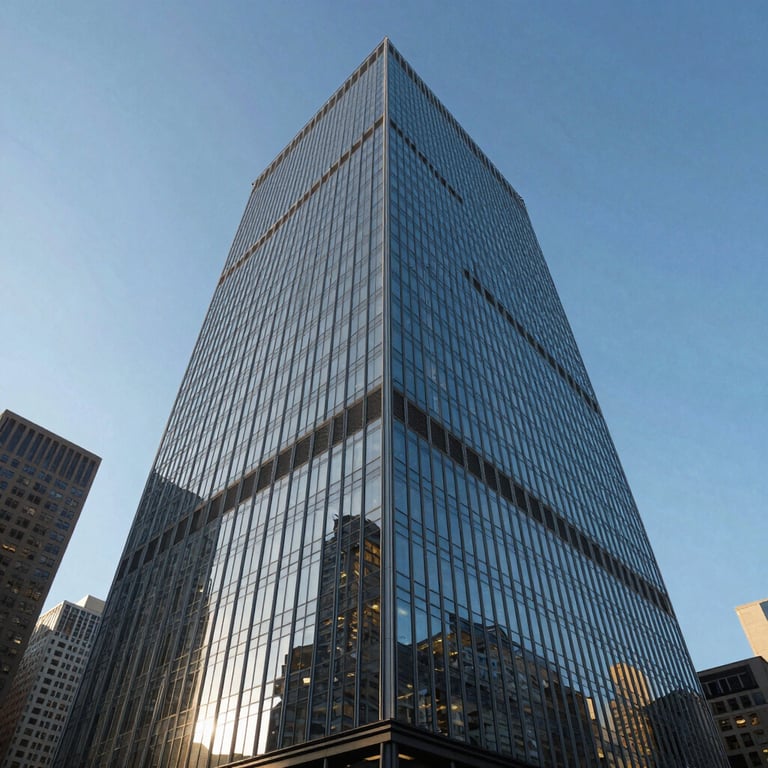 A wide-angle shot of a sleek glass skyscraper in a major US city reflecting a clear blue sky, symbolizing corporate growth.