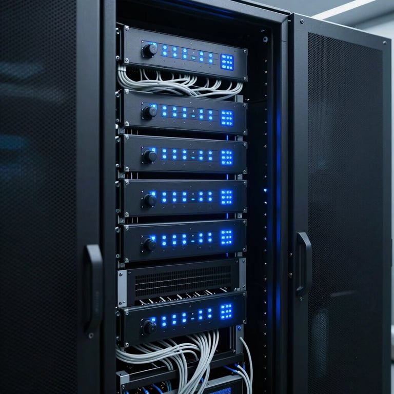A minimalist server room with clean cabling and glowing blue indicators, representing secure and professional data management.