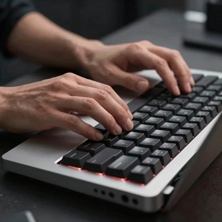 A close-up of hands typing on a sleek, high-end mechanical keyboard in a modern North American tech hub environment.