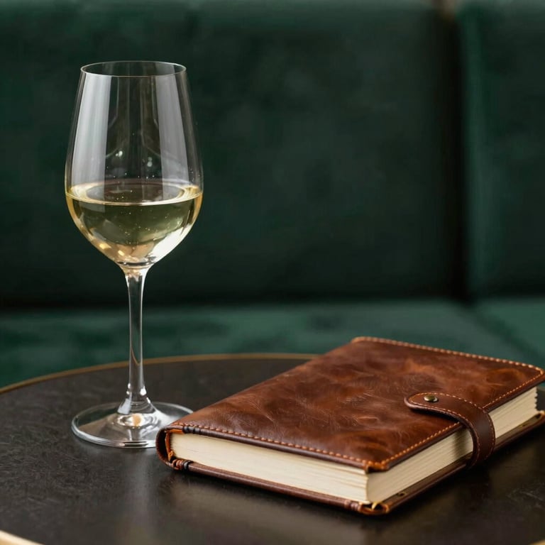 Detail of a glass of fine wine next to an leather-bound notebook in a prestigious lounge, deep forest green background.