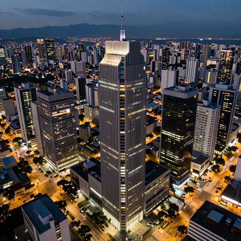 An aerial view of a modern South American business district at dusk, city lights, representing scale and growth.