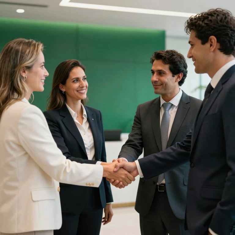 South American / Brazilian entrepreneurs shaking hands in a sleek lobby, wearing professional attire, soft off-white and dark emerald green environment.