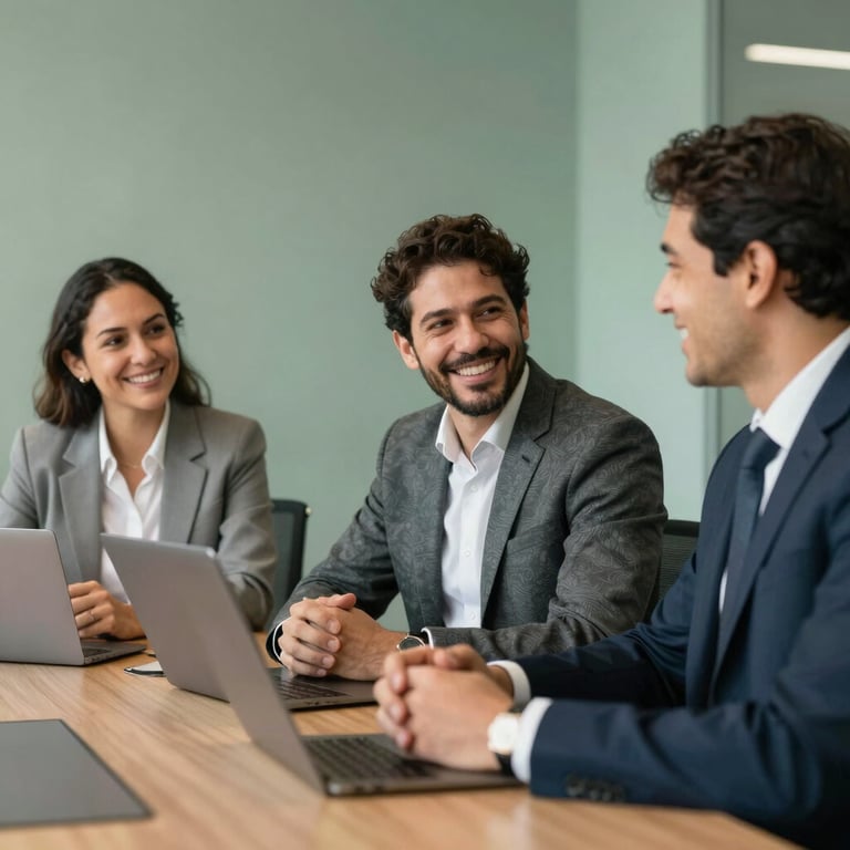 A group of three confident South American / Brazilian business leaders smiling and talking in a modern boardroom, muted sage green accents.