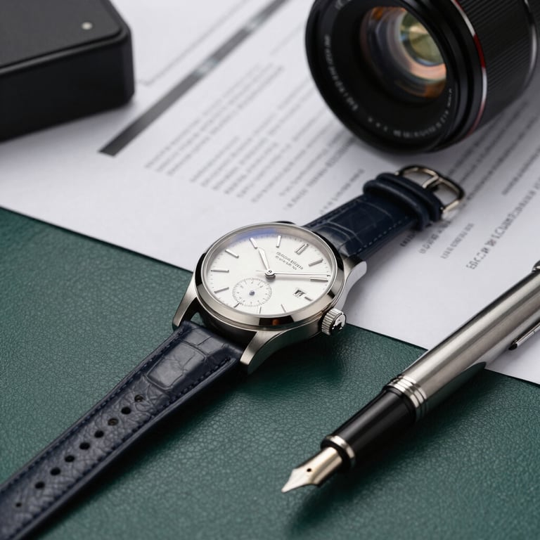 Close up of a luxury watch and fountain pen on a dark emerald green leather desk with professional documents, prestige style.