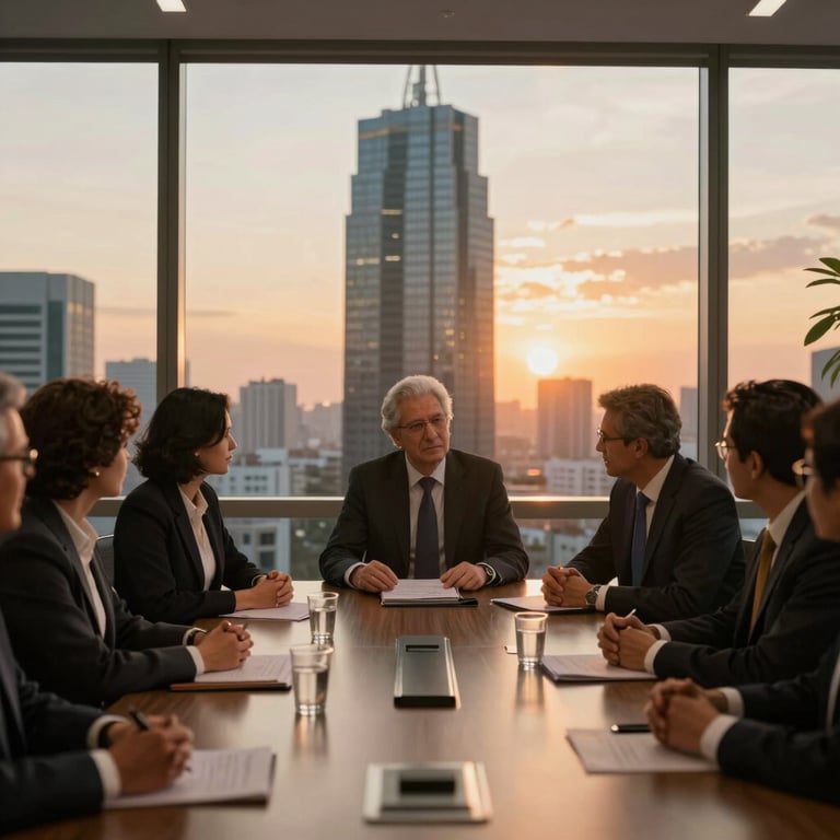 A high-level mastermind session in a Brazilian skyscraper office at sunset, warm cinematic lighting, sophisticated vibe.