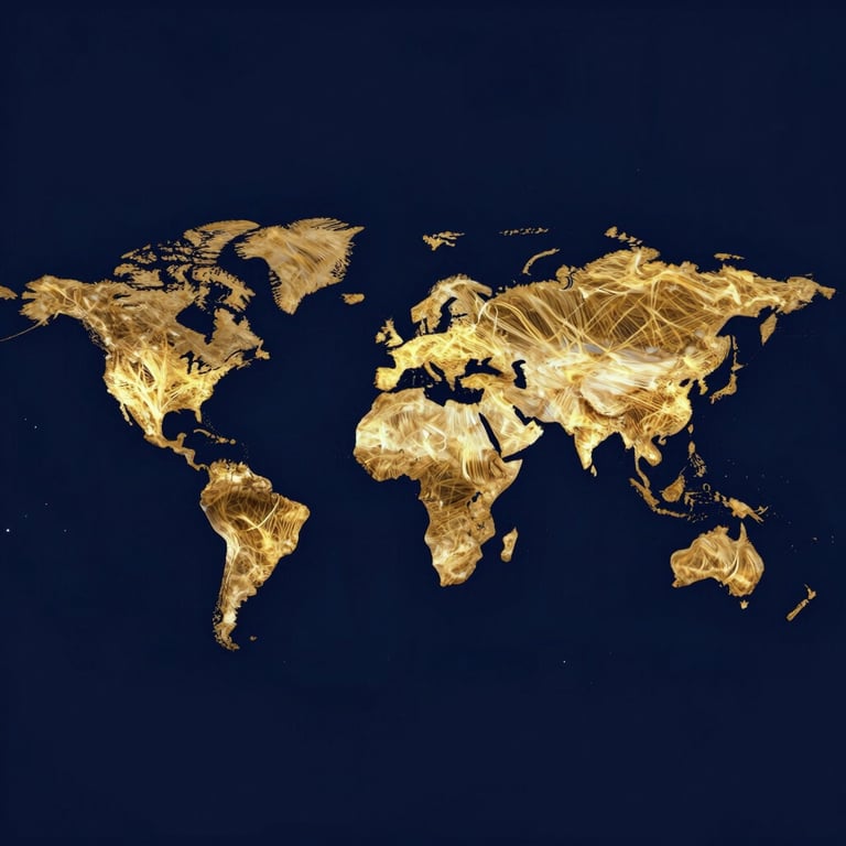 A global map silhouette made of golden light threads (#D8B863) on a deep navy background (#0D131C), representing the global reach of the ministry.