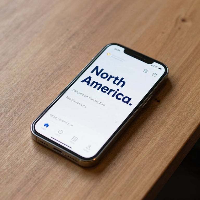 A modern smartphone on a minimalist wooden desk displaying a clean app interface with deep blue typography, North American styling.