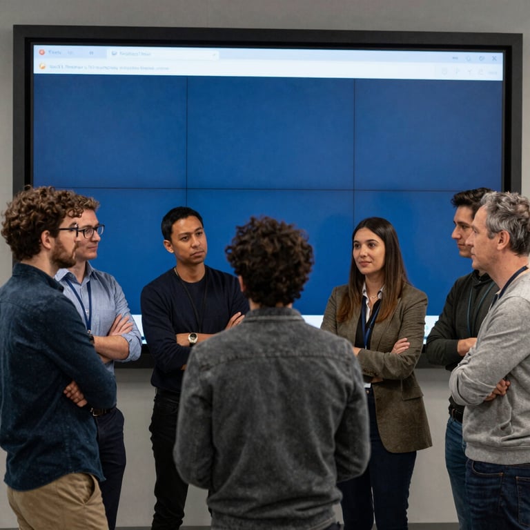 A group of diverse creative professionals collaborating around a large digital screen in a North American tech hub, Alice Blue lighting.