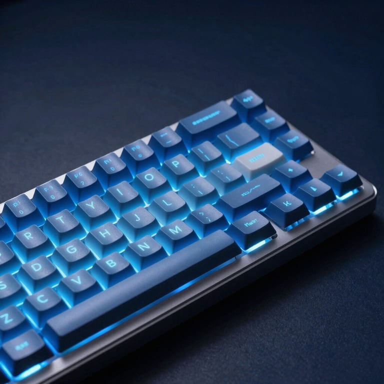 A macro shot of a sleek mechanical keyboard with vibrant sky blue backlighting in a professional dark navy studio setting.