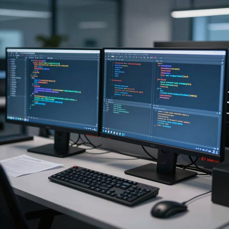 A high-tech workstation at night with multiple monitors displaying lines of code and sky blue UI elements in a quiet office.