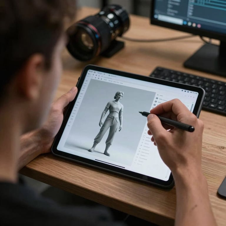 An over-the-shoulder shot of a digital artist sculpting a character on a tablet, surrounded by a high-tech studio environment.