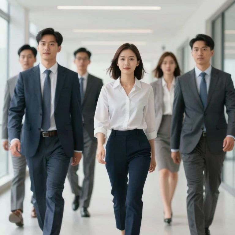 A diverse team of professionals walking through a bright corridor, conveying momentum and reliable support.