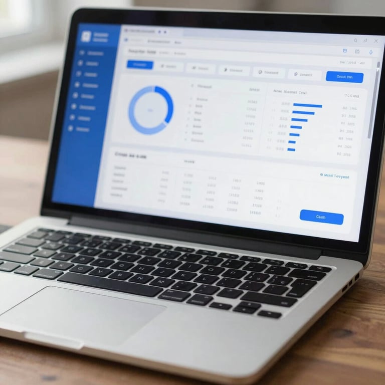 A focused close-up of a laptop screen displaying a clean, organized financial dashboard with blue accents.