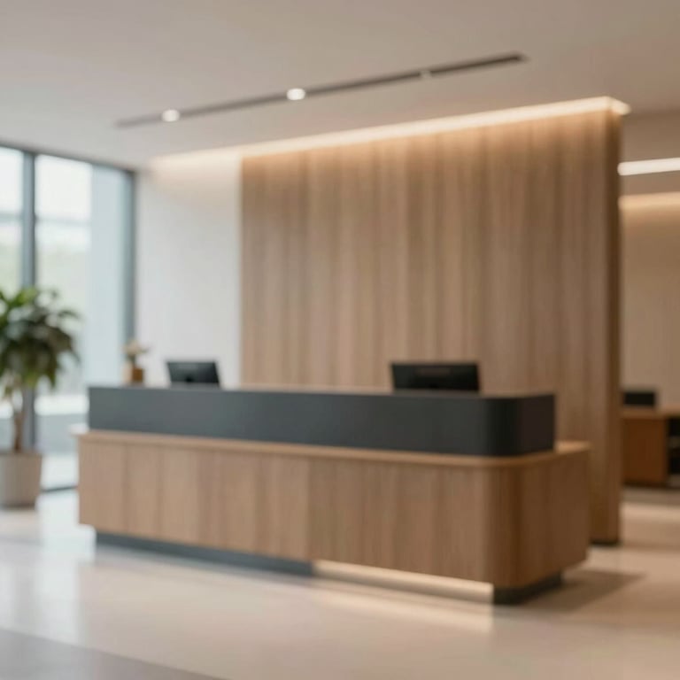 A stylish reception area of a modern advisory firm, emphasizing sophisticated efficiency and a welcoming atmosphere.