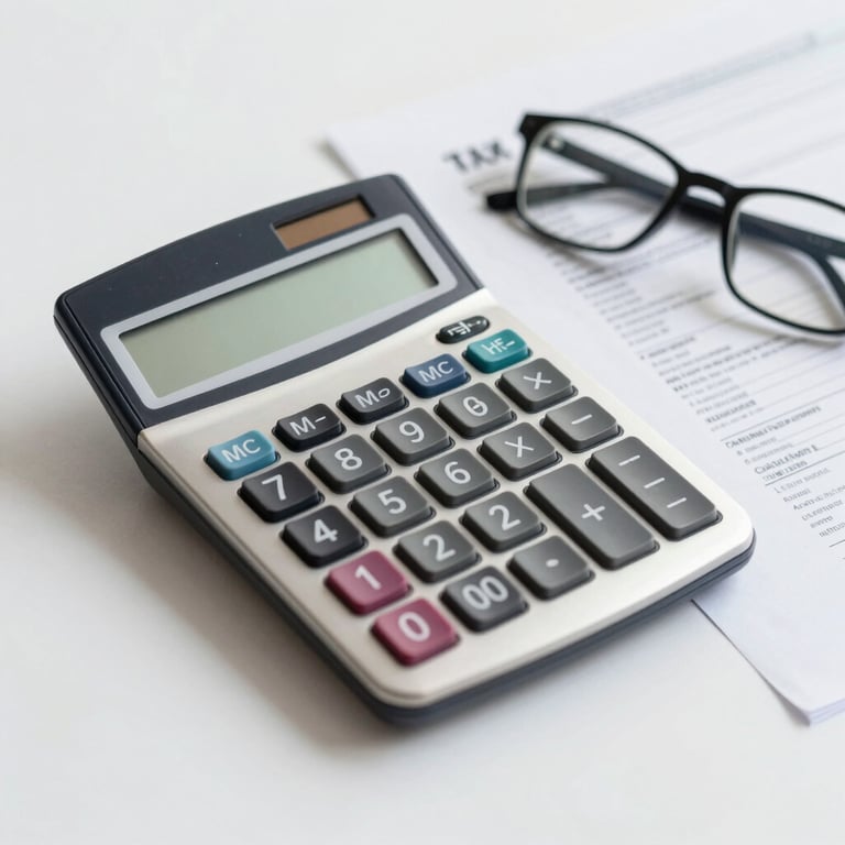 A neat arrangement of a calculator, a pair of glasses, and a tax filing document on a clean white desk.