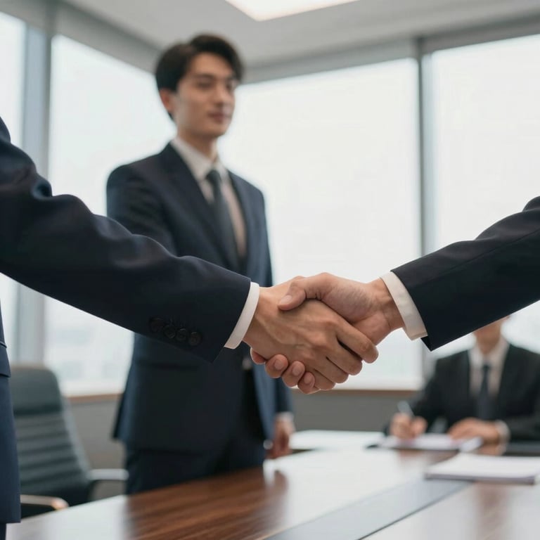 A professional handshake in a sun-drenched boardroom, symbolizing trust and successful partnerships.