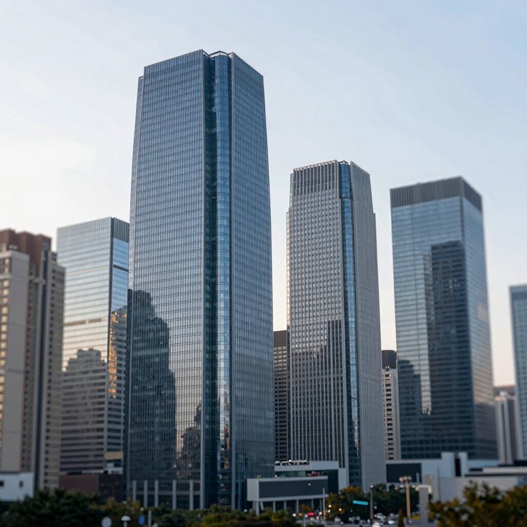 A modern city skyline showcasing glass skyscrapers, reflecting the firm's urban corporate focus, in shades of #1C2B3C and #9CC0D9.