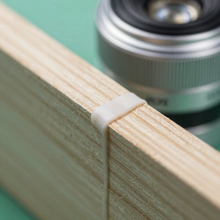 Sharp macro close-up of a bonded wood cross-section, showing a clean, seamless adhesive joint under bright laboratory light, cool silver tones, 35mm lens