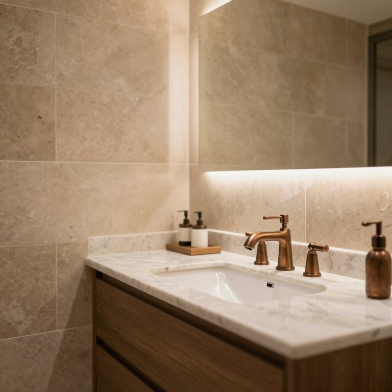 Luxurious master bathroom with bronze brown fixtures and warm beige stone tiles in a Madrid residence, soft glowing light.